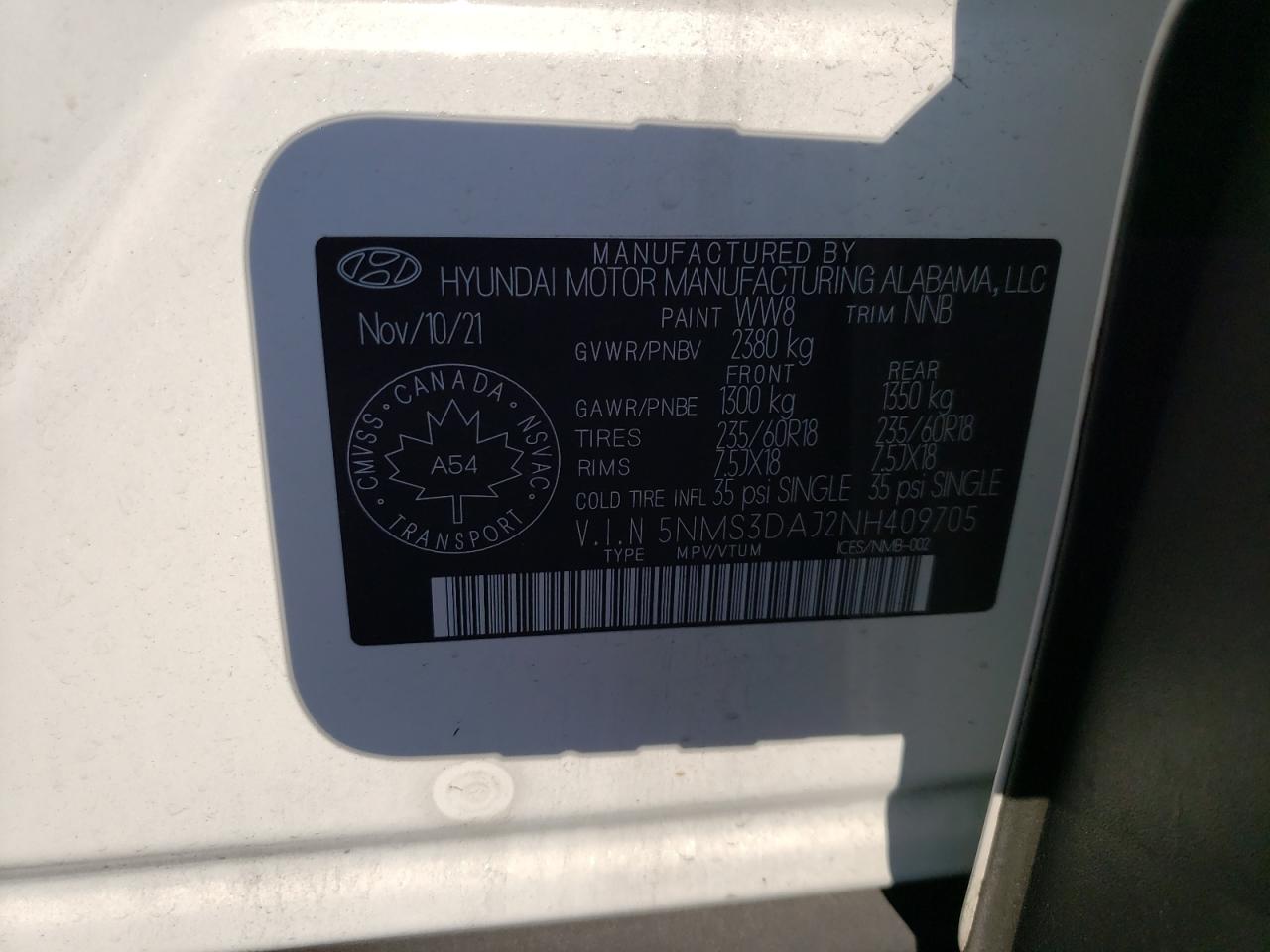 2022 HYUNDAI SANTA FE SEL VIN:5NMS3DAJ2NH409705