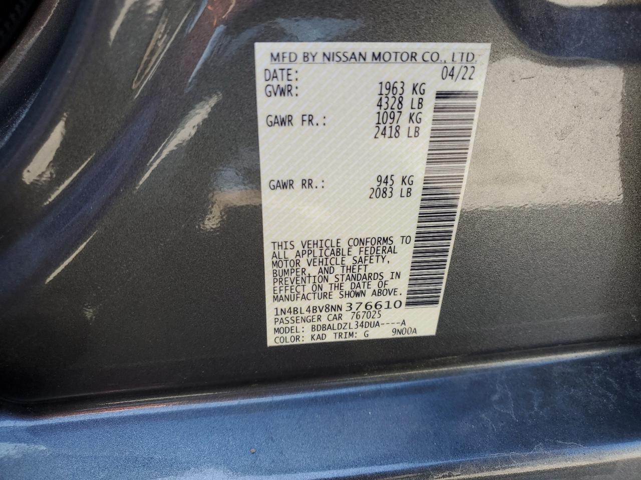 2022 NISSAN ALTIMA S VIN:1N4BL4BV8NN376610