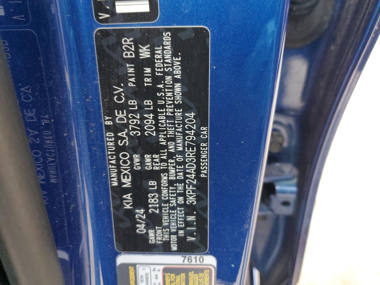 2024 KIA FORTE LX VIN:3KPF24AD3RE794204