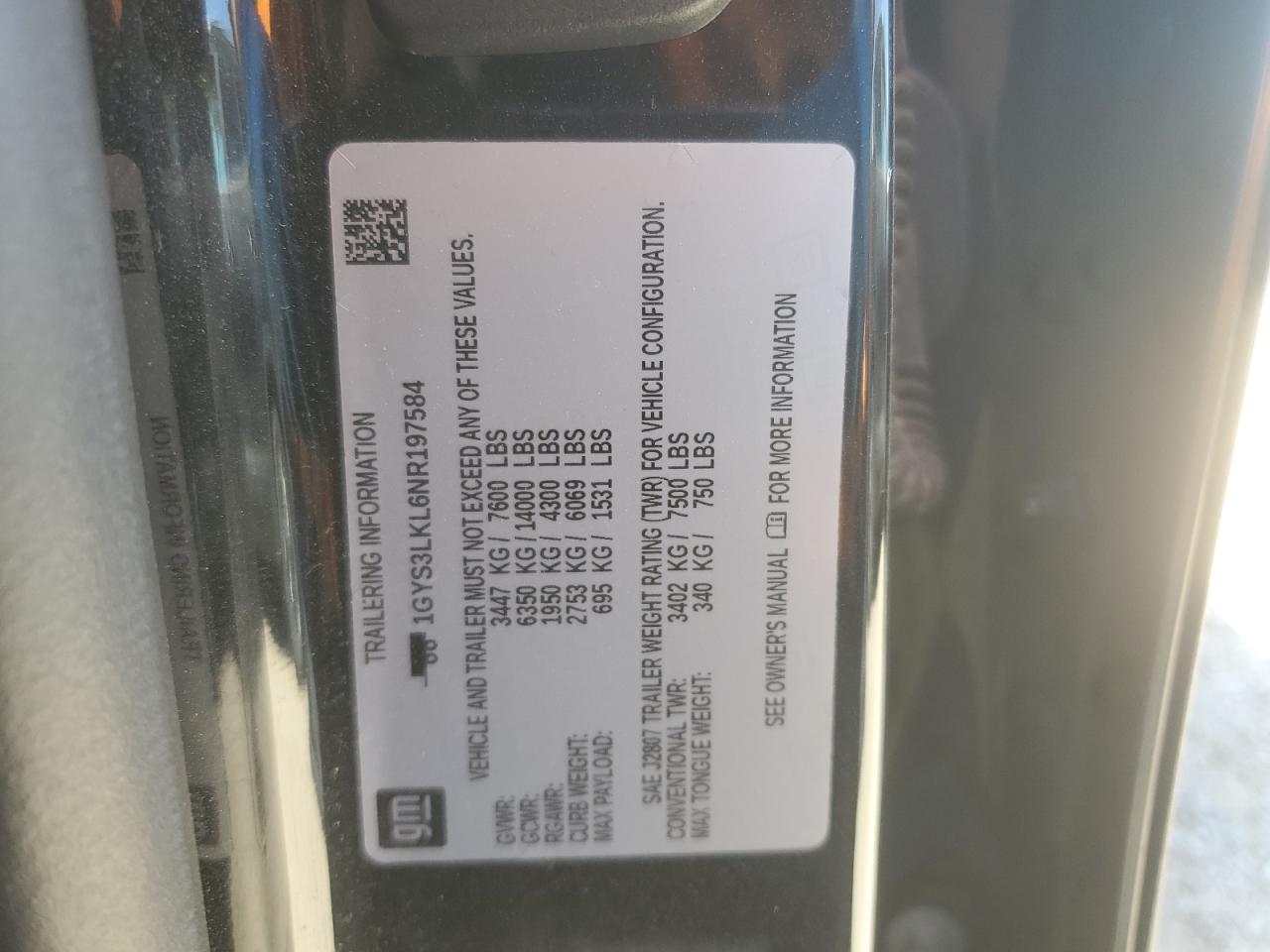 2022 CADILLAC ESCALADE ESV PREMIUM LUXURY VIN:1GYS3LKL6NR197584