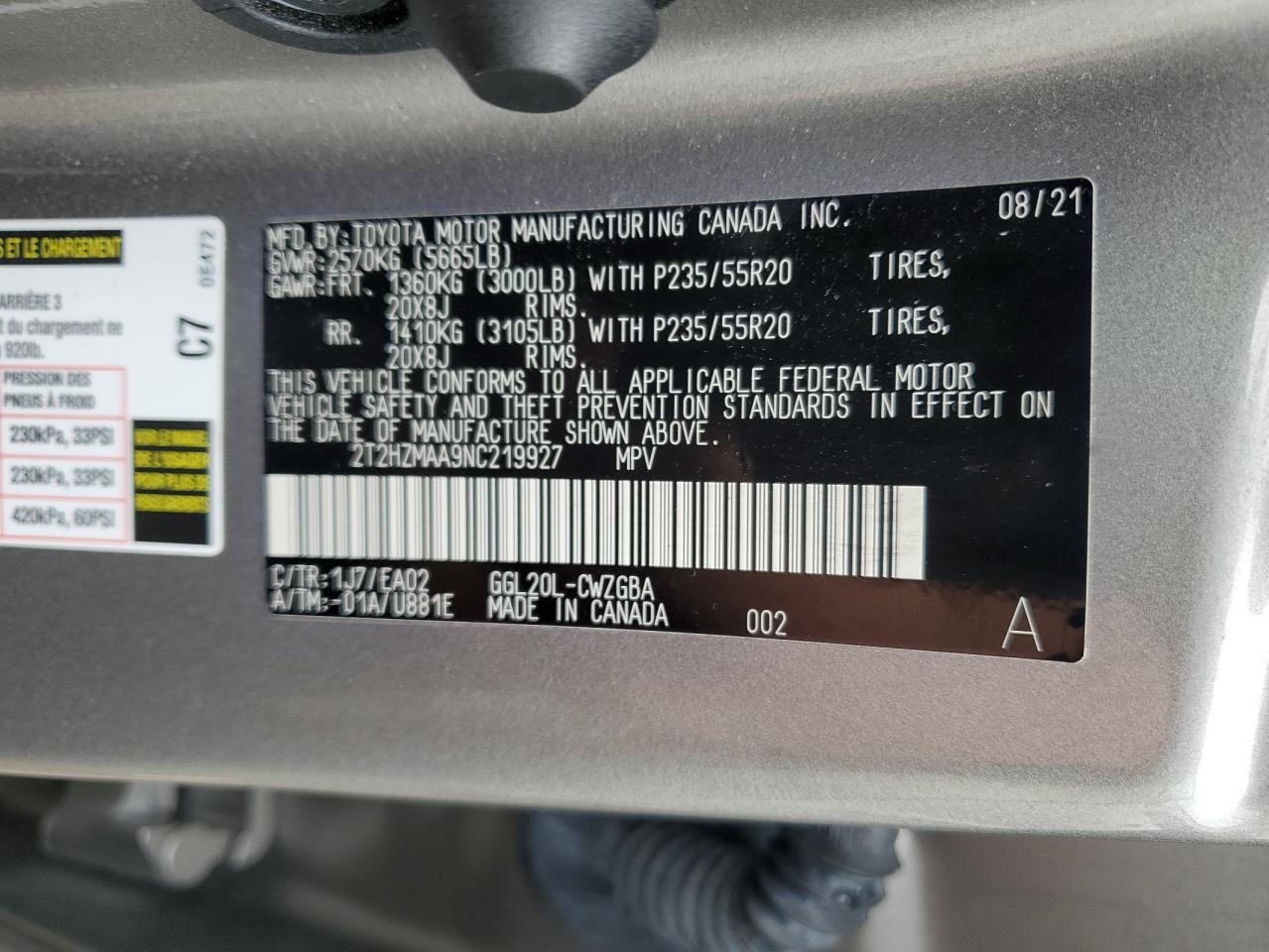 2022 LEXUS RX 350 VIN:2T2HZMAA9NC219927