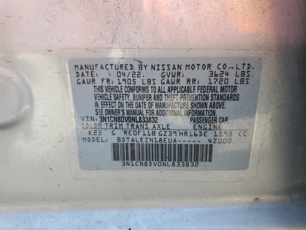 2022 NISSAN VERSA S VIN:3N1CN8DV0NL833832