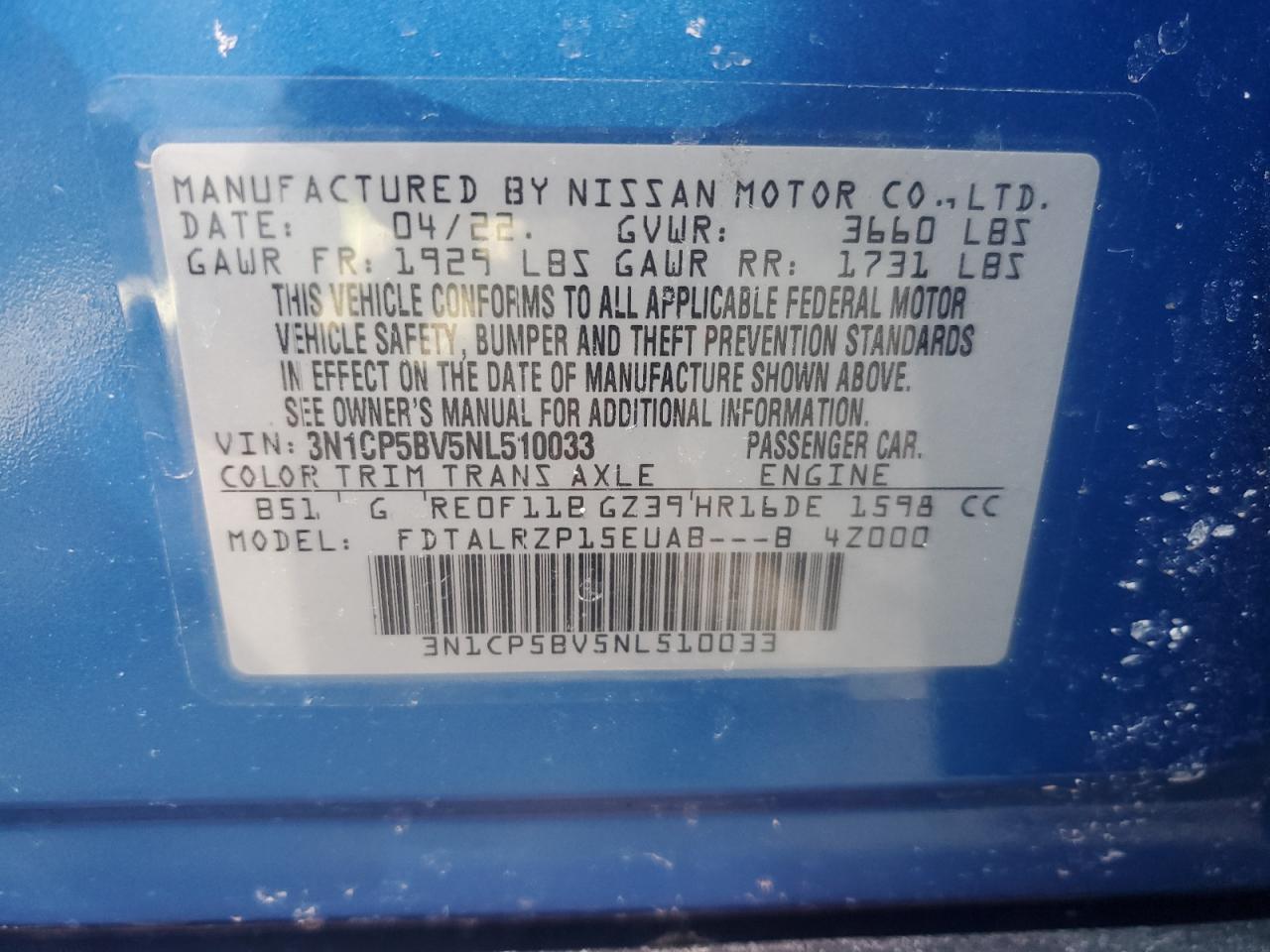 2022 NISSAN KICKS S VIN:3N1CP5BV5NL510033