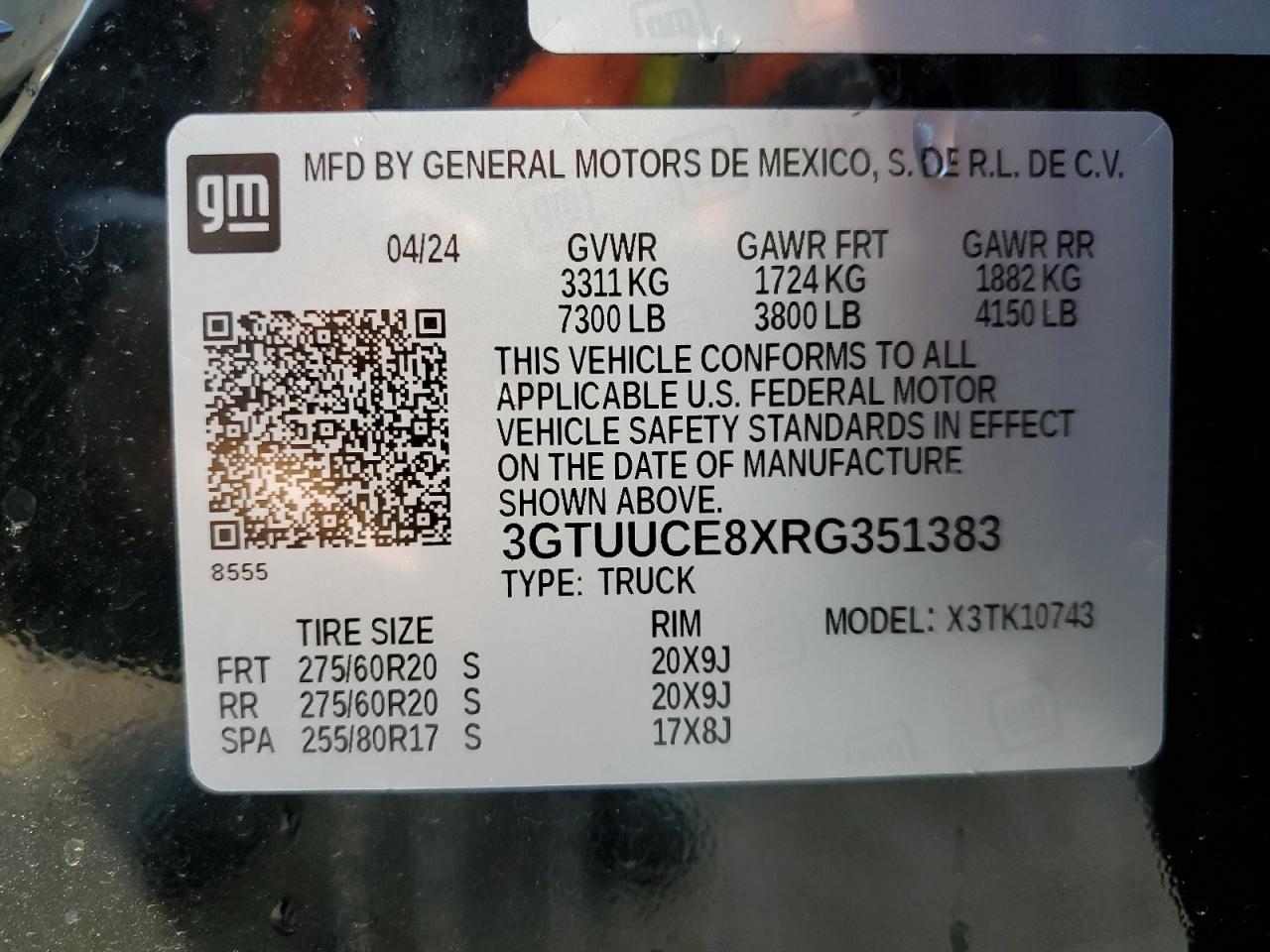 2024 GMC SIERRA K1500 ELEVATION VIN:3GTUUCE8XRG351383