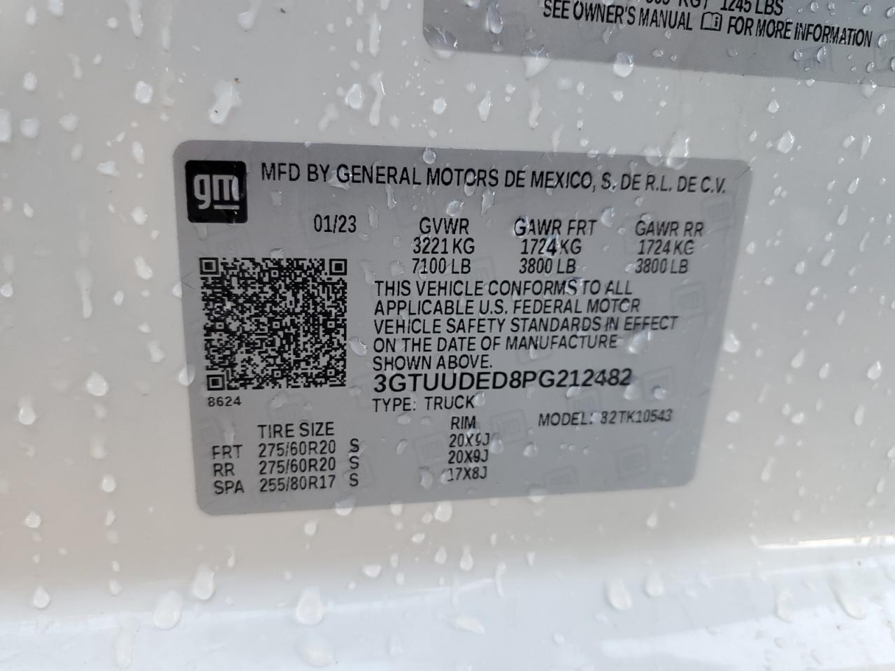 2023 GMC SIERRA K1500 SLT VIN:3GTUUDED8PG212482