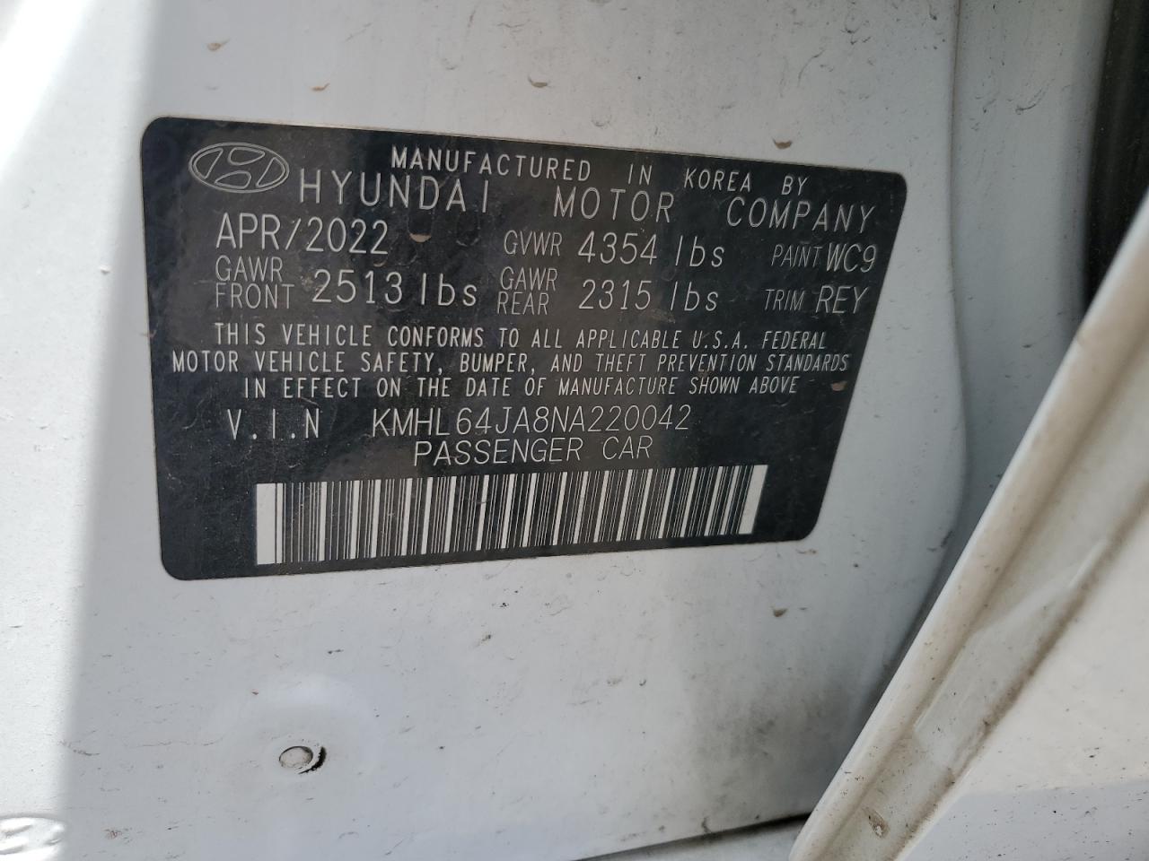 2022 HYUNDAI SONATA SEL VIN:KMHL64JA8NA220042