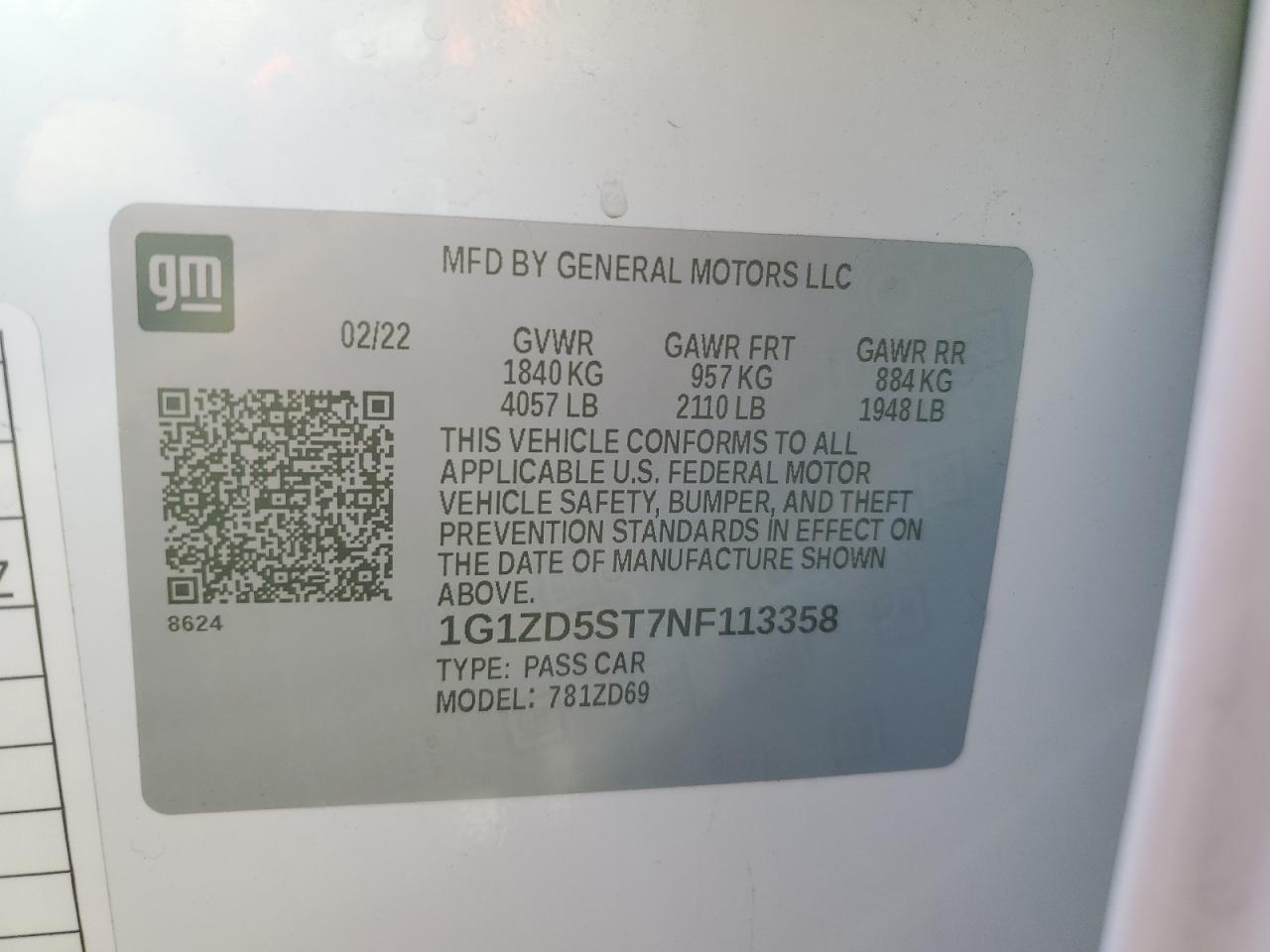 2022 CHEVROLET MALIBU LT VIN:1G1ZD5ST7NF113358