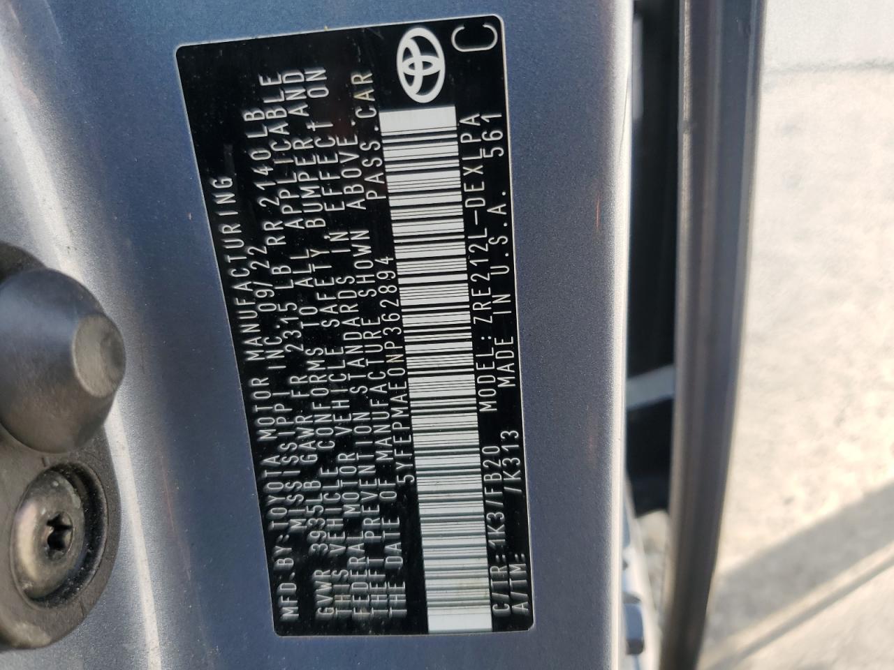 2022 TOYOTA COROLLA LE VIN:5YFEPMAE0NP362894