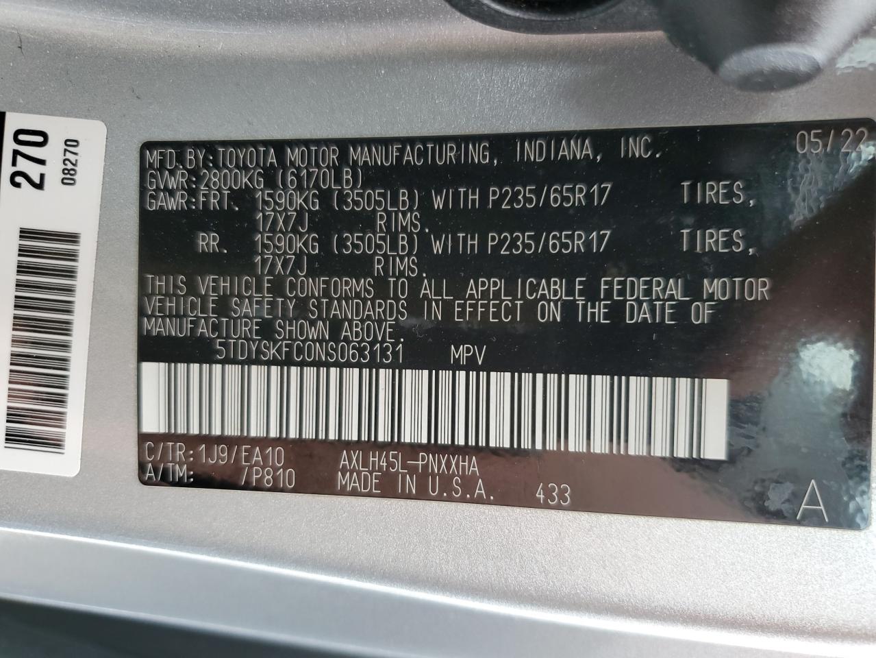 2022 TOYOTA SIENNA XLE VIN:5TDYSKFC0NS063131