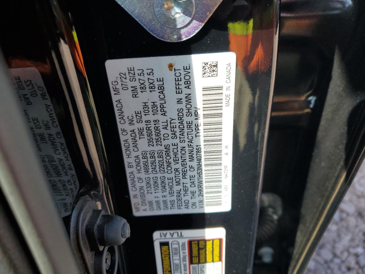 2022 HONDA CR-V EX VIN:2HKRW1H53NH407851