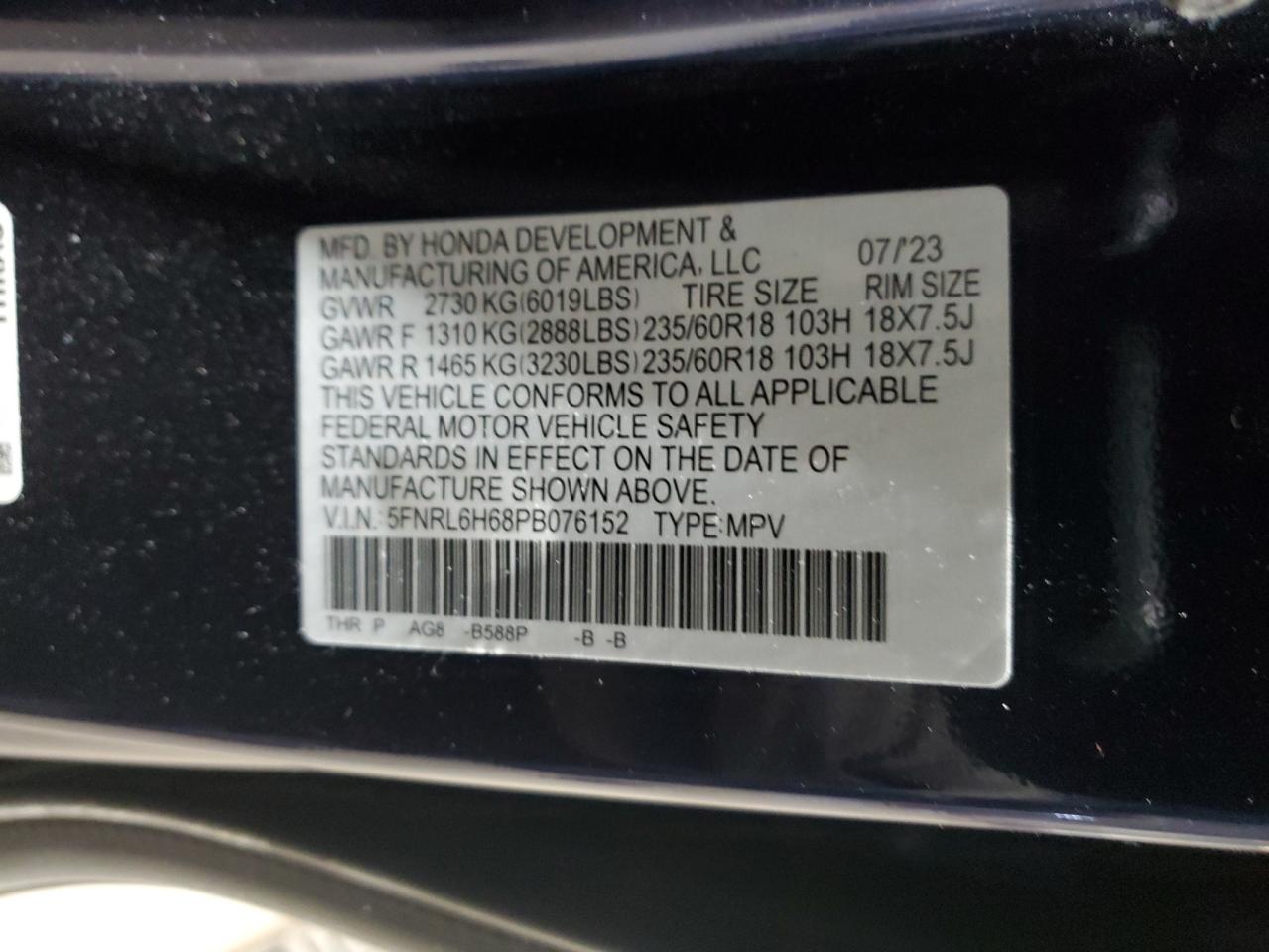 2023 HONDA ODYSSEY EXL VIN:5FNRL6H68PB076152
