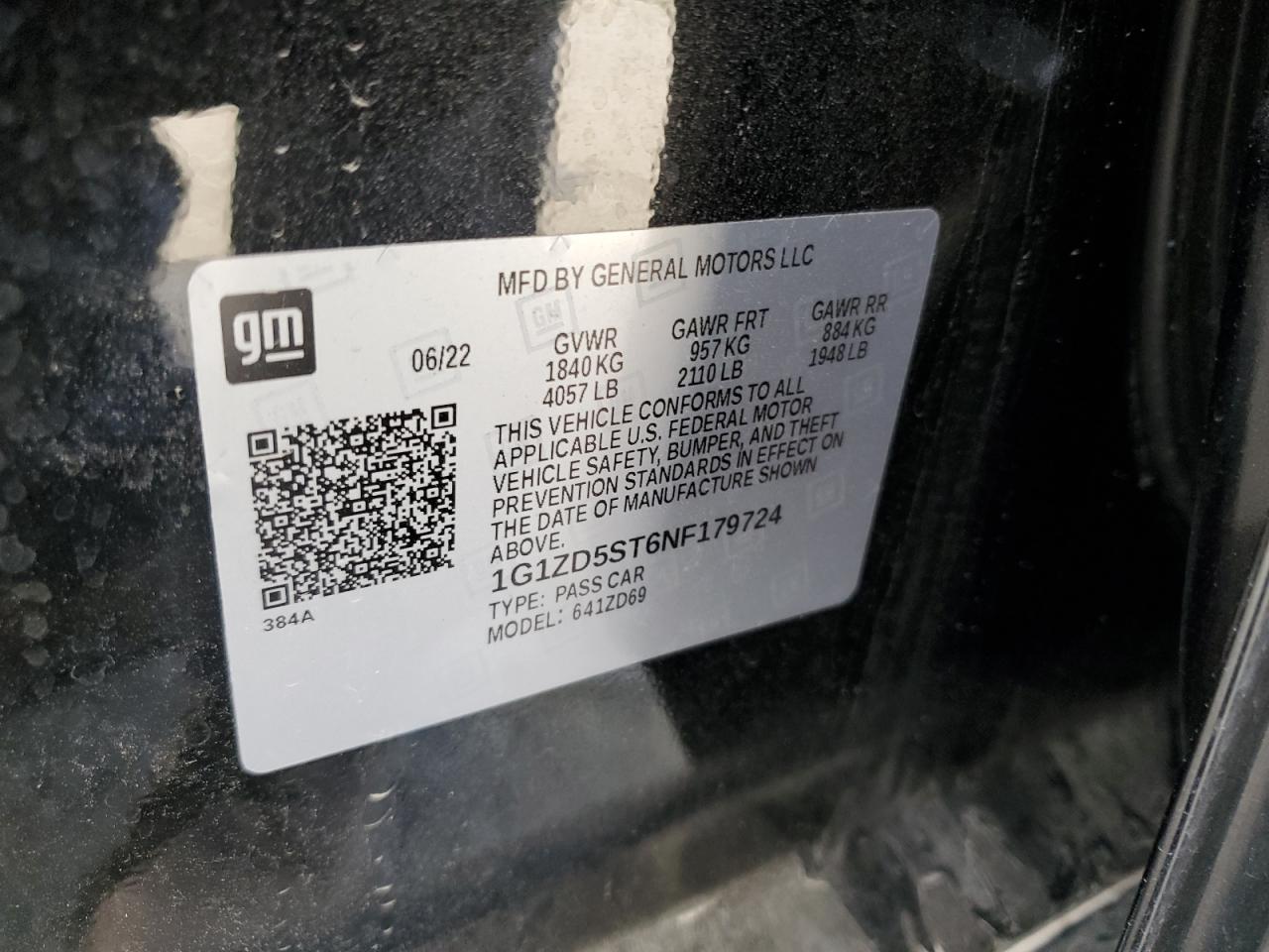 2022 CHEVROLET MALIBU LT VIN:1G1ZD5ST6NF179724