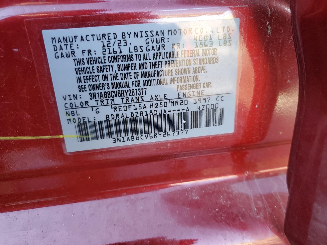 2024 NISSAN SENTRA SV VIN:3N1AB8CV6RY267377