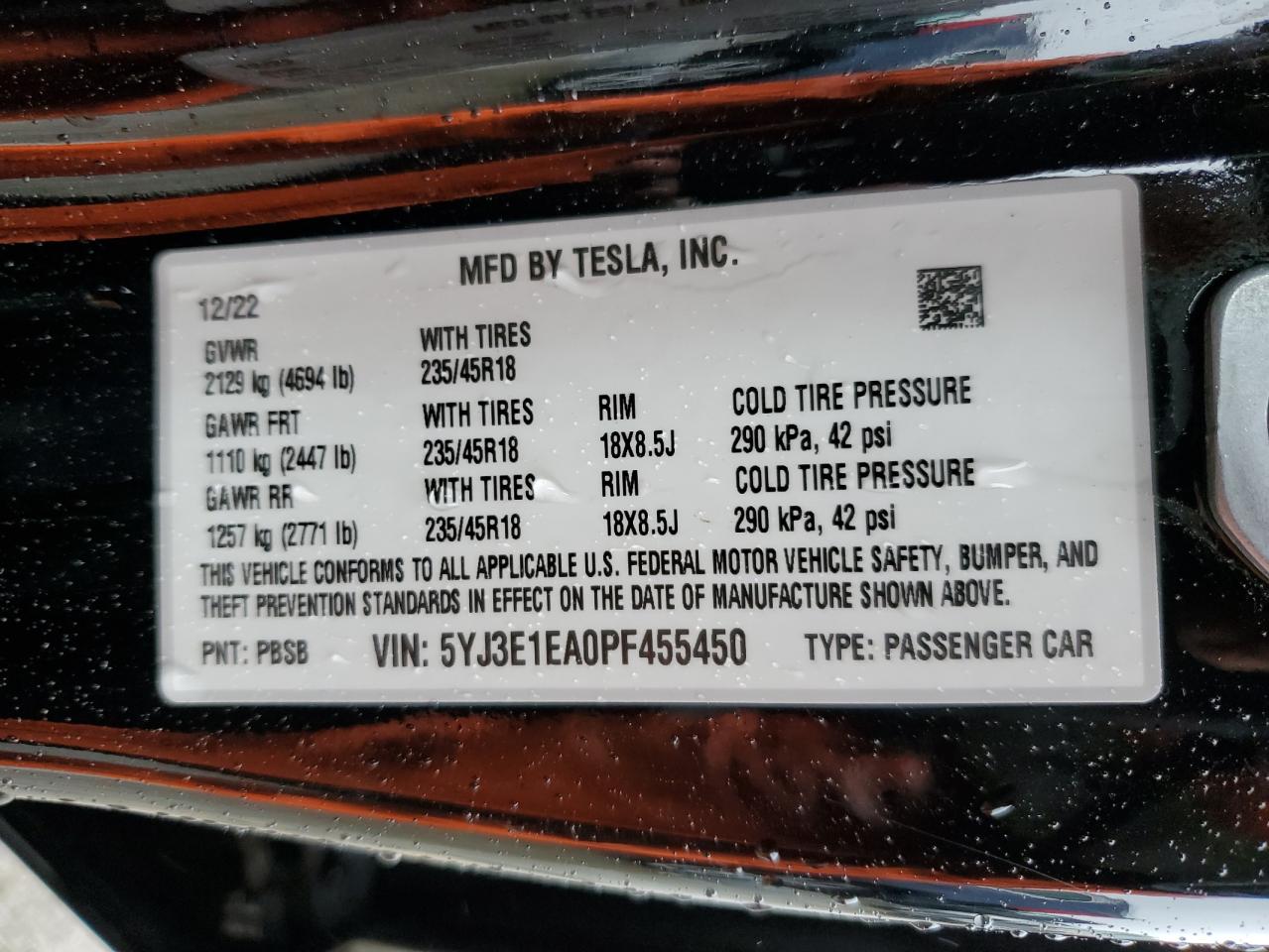 2023 TESLA MODEL 3  VIN:5YJ3E1EA0PF455450