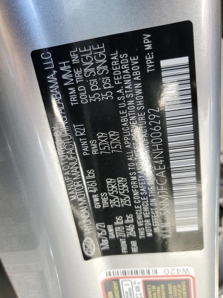 2022 HYUNDAI TUCSON SEL VIN:5NMJFCAE4NH006292