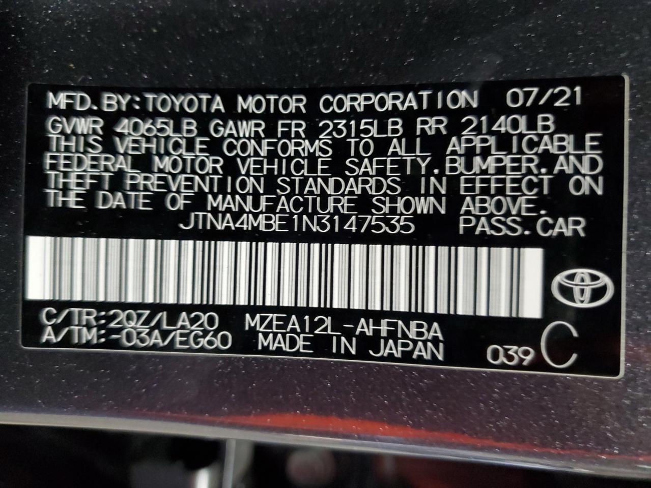 2022 TOYOTA COROLLA XSE VIN:JTNA4MBE1N3147535