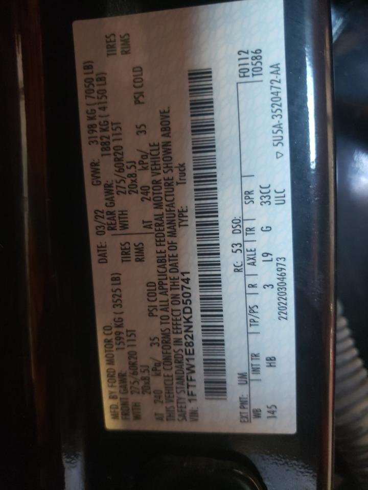 2022 FORD F150 SUPERCREW VIN:1FTFW1E82NKD50741