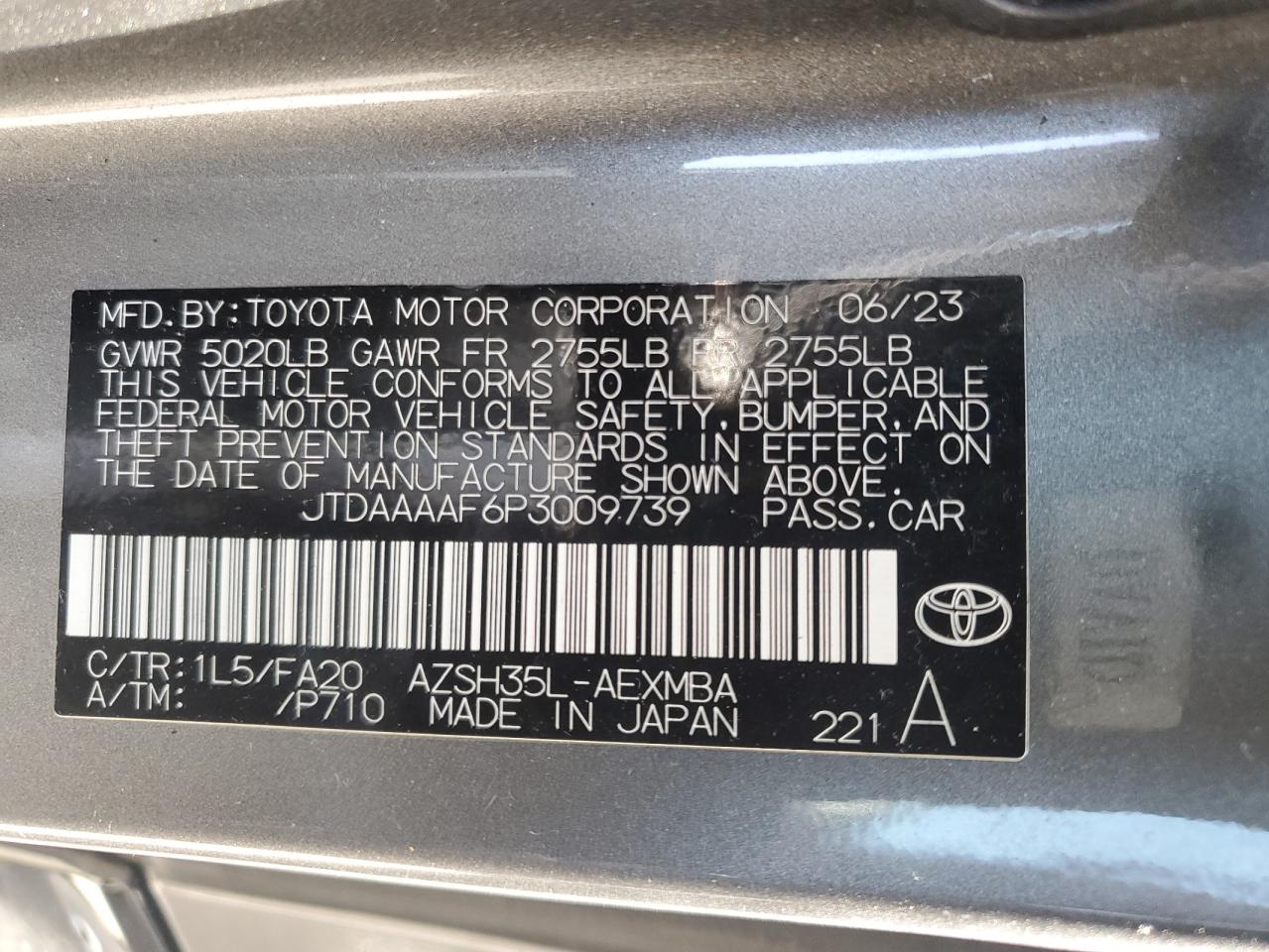 2023 TOYOTA CROWN XLE VIN:JTDAAAAF6P3009739