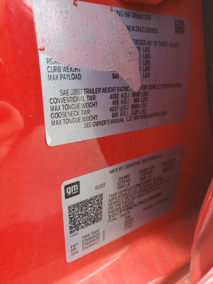 2022 CHEVROLET SILVERADO LTD K1500 CUSTOM VIN:1GCPYBEK2NZ189850