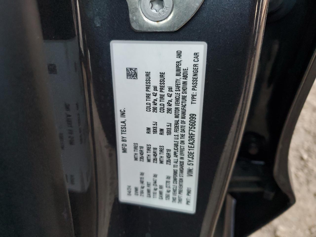 2024 TESLA MODEL 3  VIN:5YJ3E1EA3RF756099