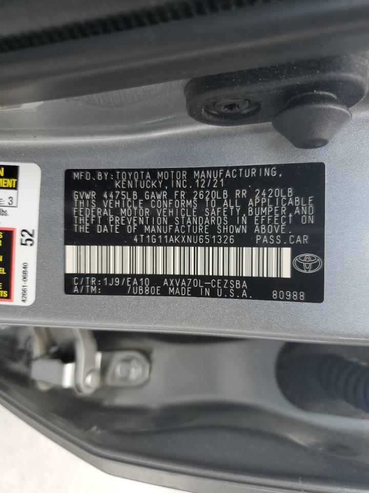 2022 TOYOTA CAMRY SE VIN:4T1G11AKXNU651326