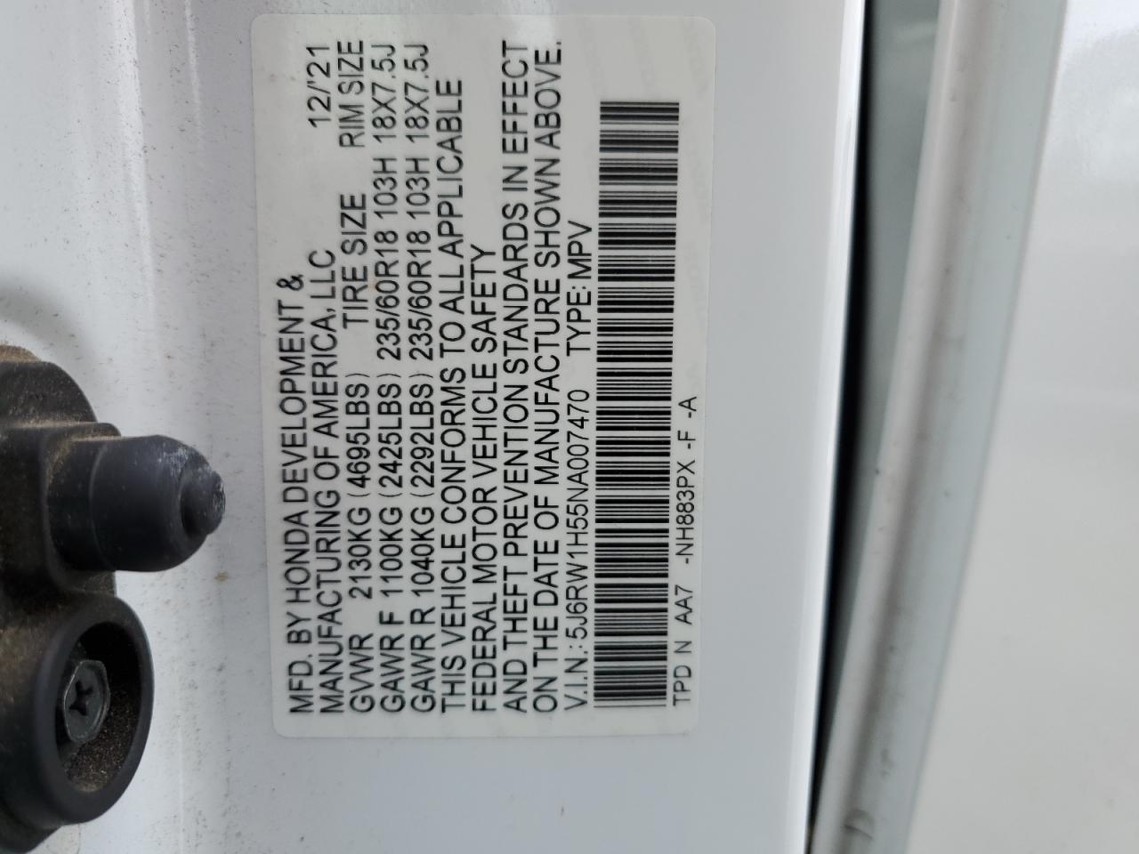2022 HONDA CR-V EX VIN:5J6RW1H55NA007470