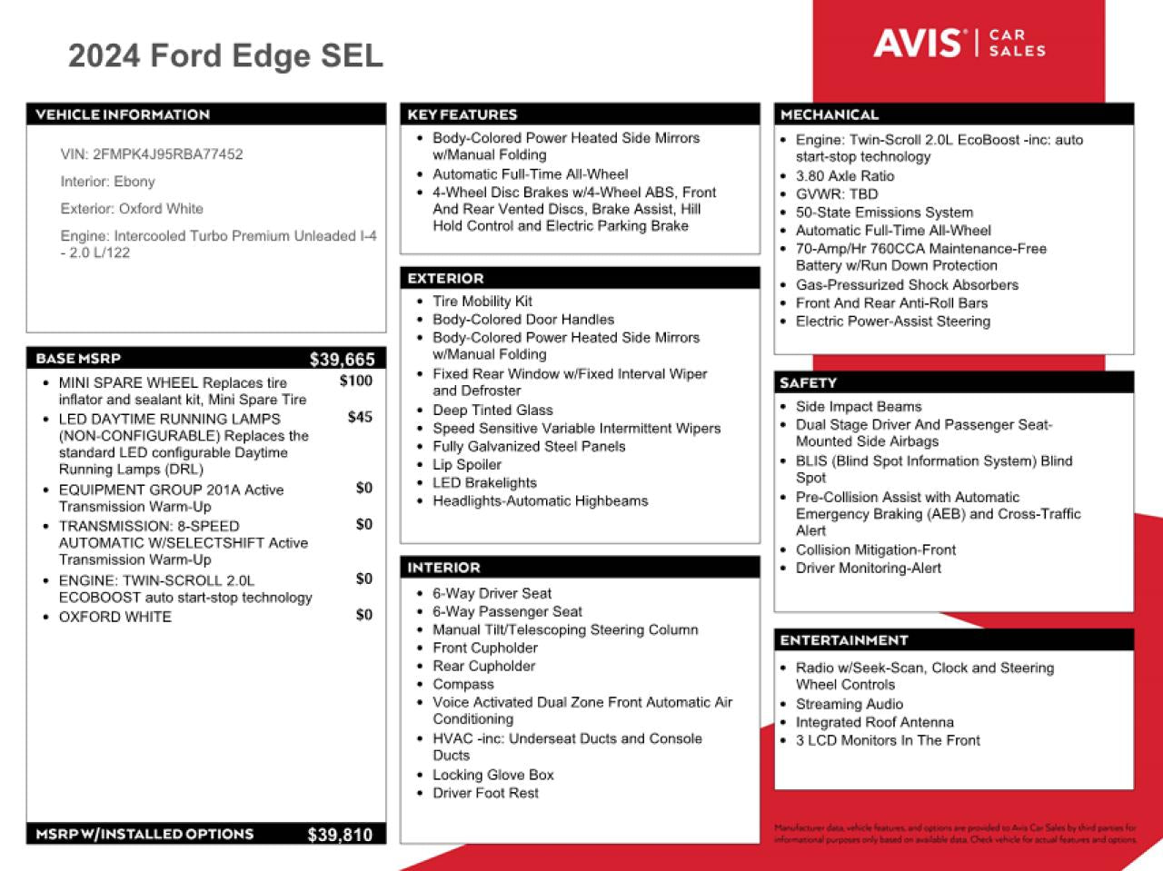 2024 FORD EDGE SEL VIN:2FMPK4J95RBA77452
