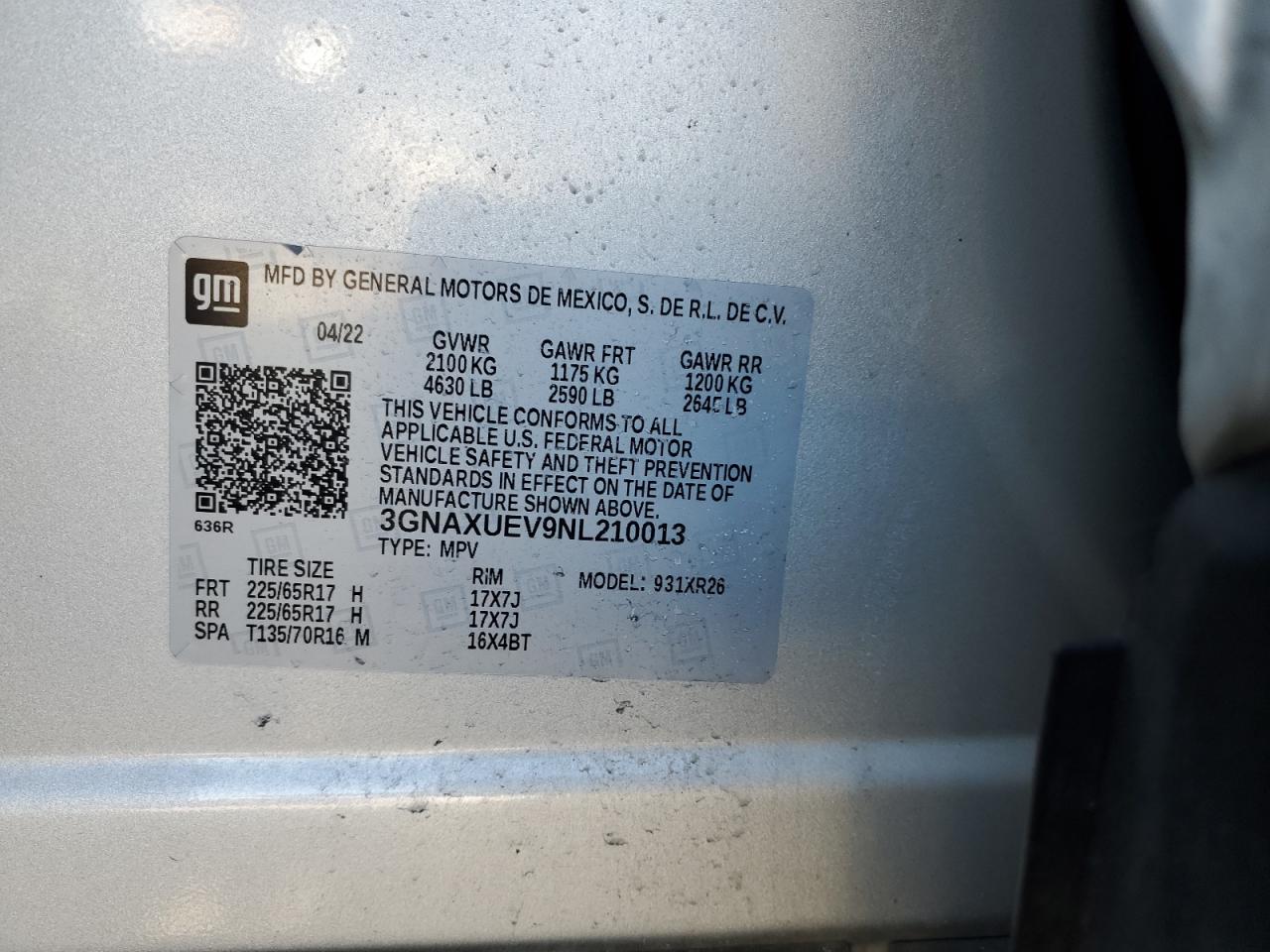 2022 CHEVROLET EQUINOX LT VIN:3GNAXUEV9NL210013