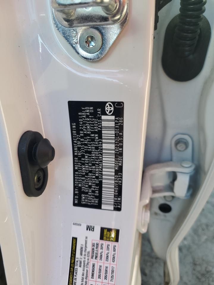2022 TOYOTA COROLLA LE VIN:5YFEPMAE5NP370943