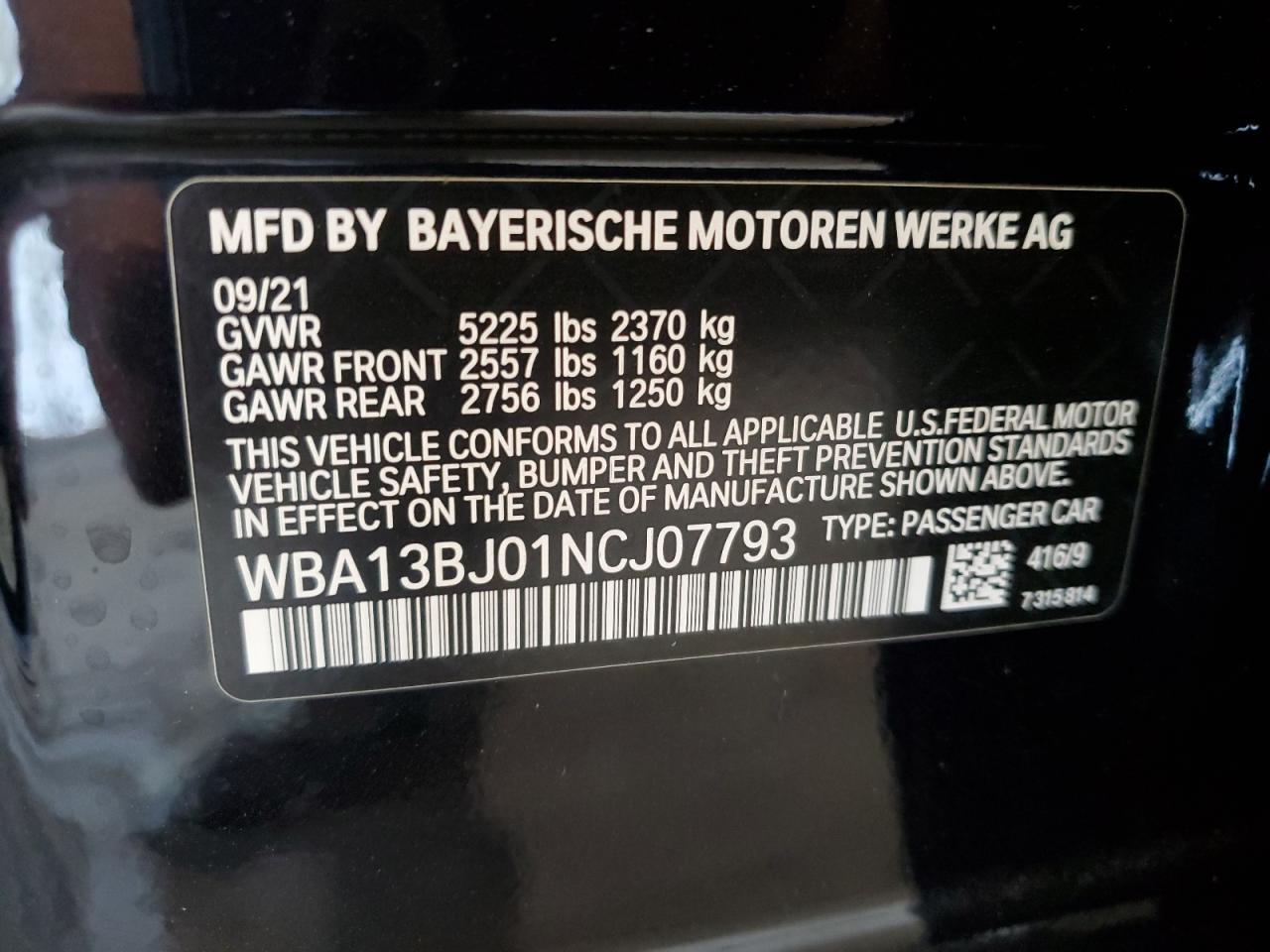 2022 BMW 530 XI VIN:WBA13BJ01NCJ07793