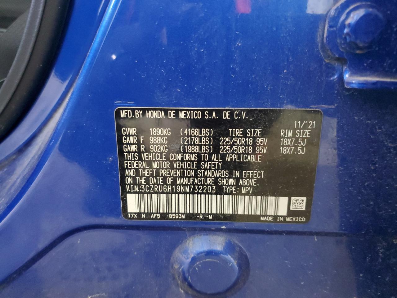 2022 HONDA HR-V SPORT VIN:3CZRU6H19NM732203