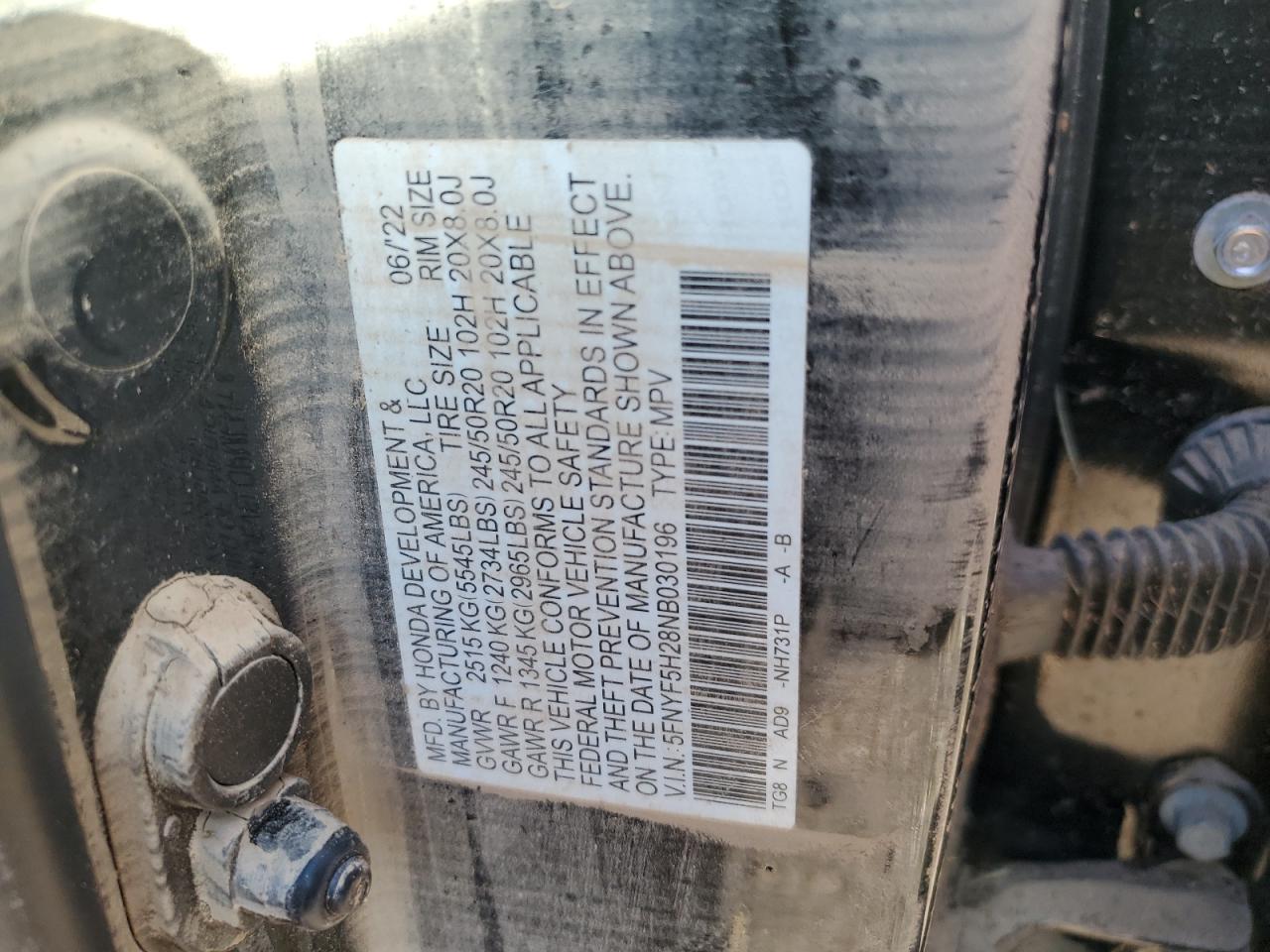 2022 HONDA PILOT SE VIN:5FNYF5H28NB030196