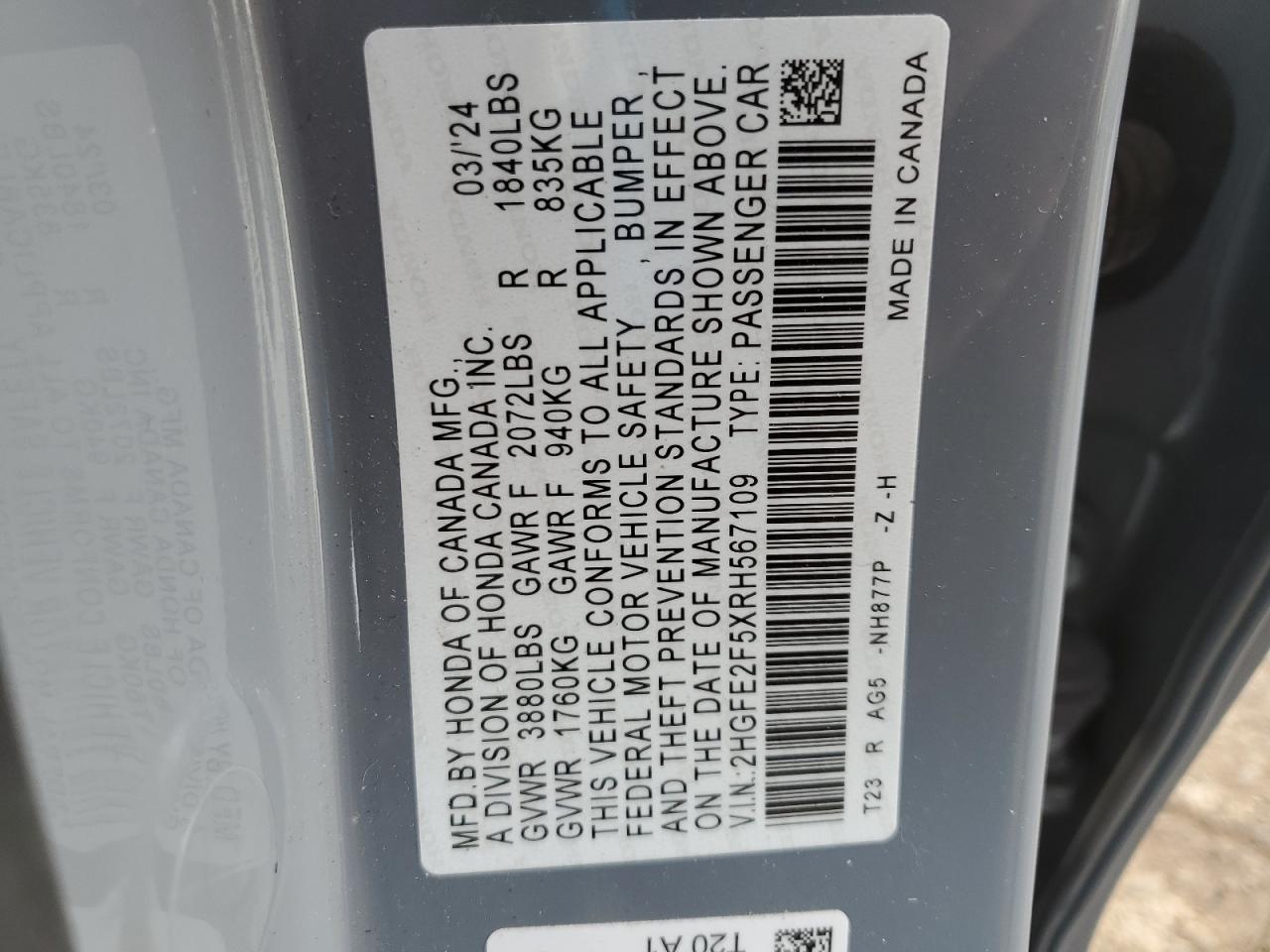 2024 HONDA CIVIC SPORT VIN:2HGFE2F5XRH567109