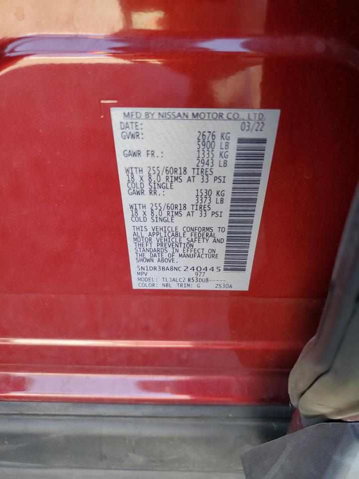 2022 NISSAN PATHFINDER SV VIN:5N1DR3BA8NC240445
