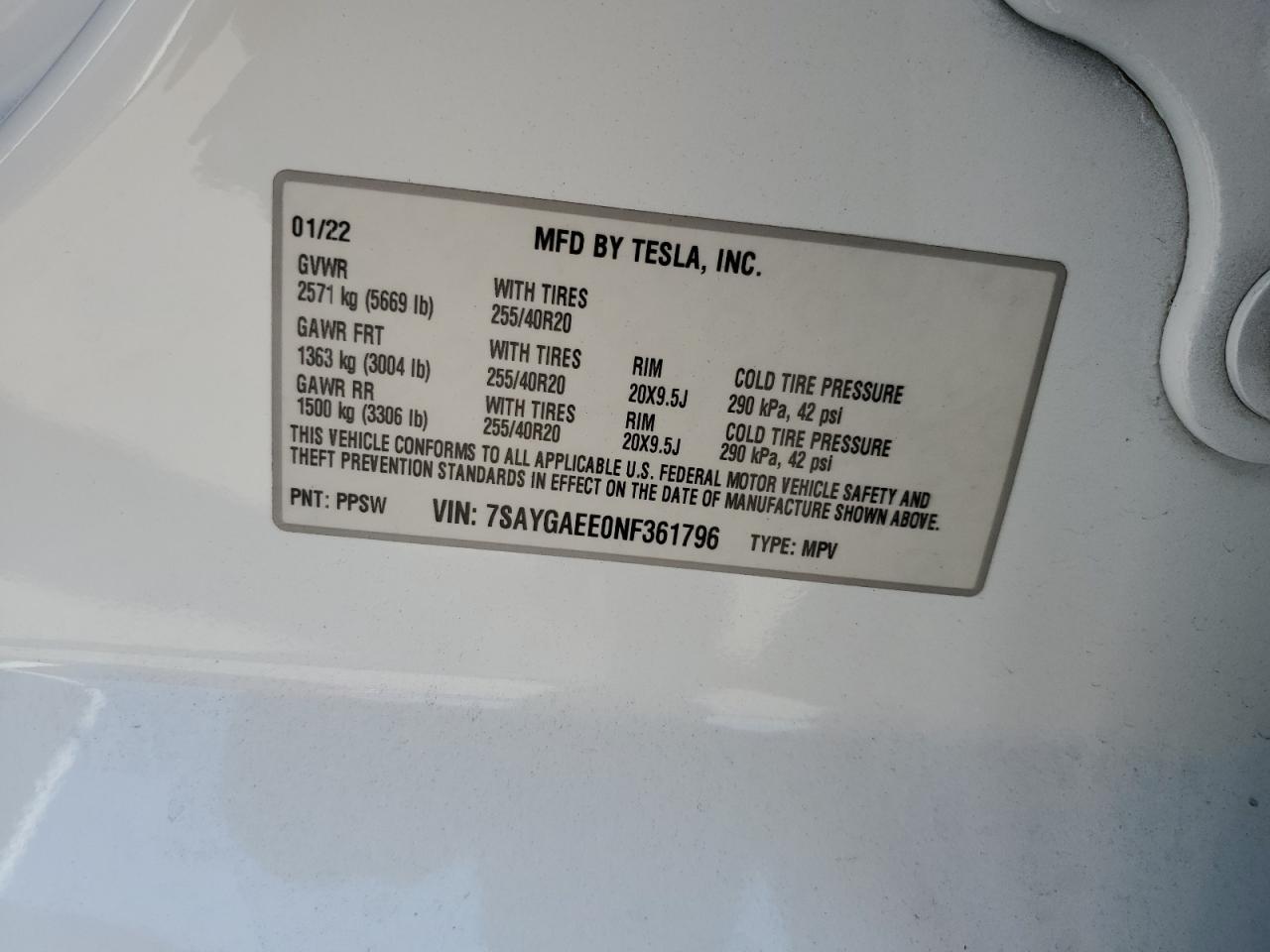 2022 TESLA MODEL Y  VIN:7SAYGAEE0NF361796