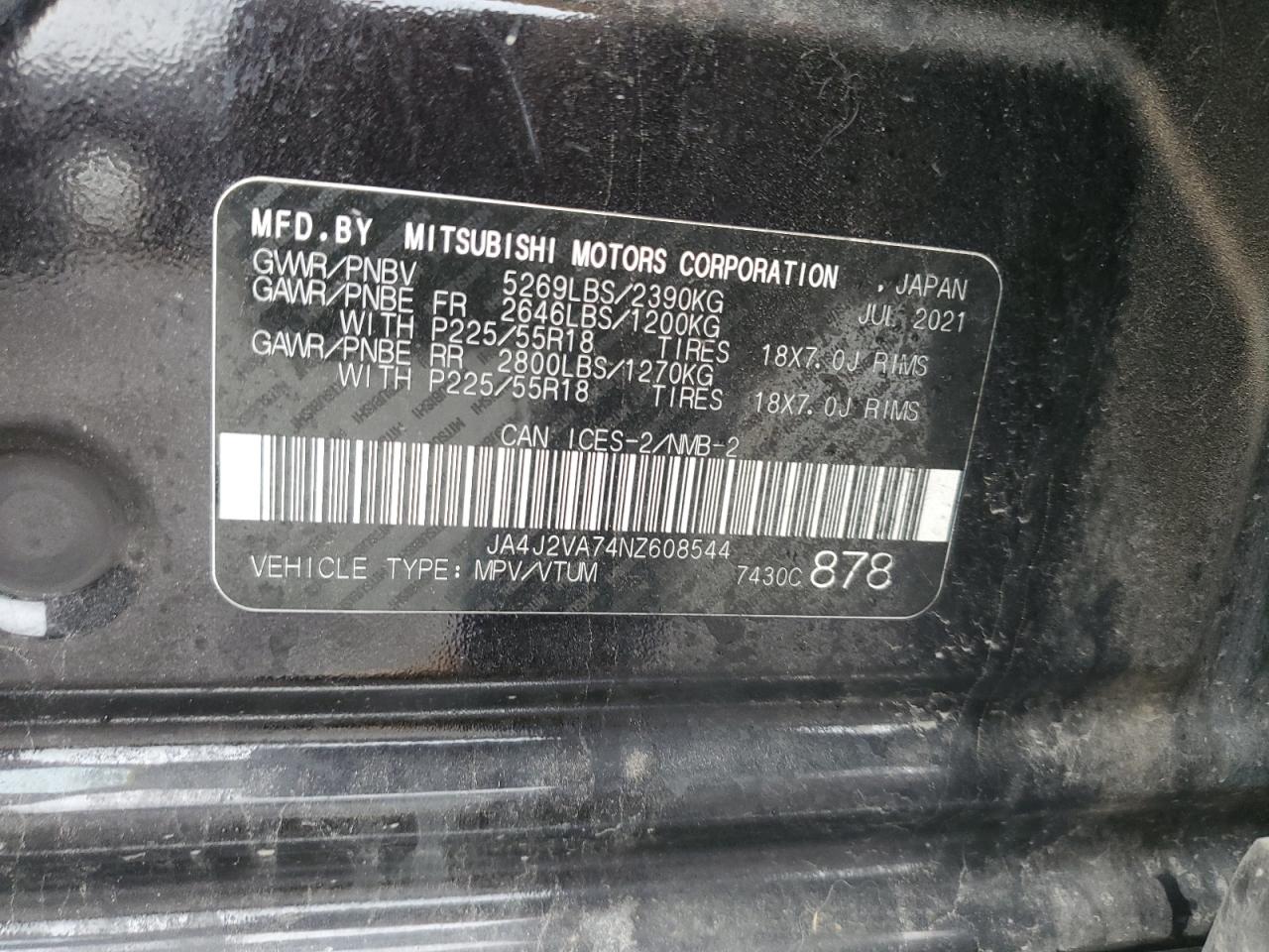 2022 MITSUBISHI OUTLANDER SEL VIN:JA4J2VA74NZ608544