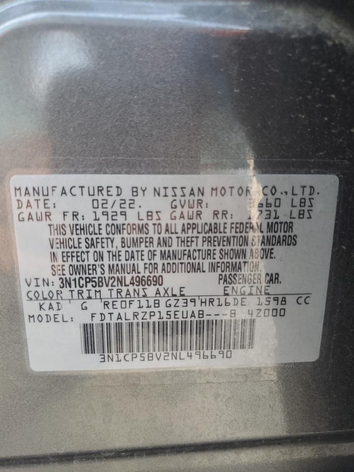 2022 NISSAN KICKS S VIN:3N1CP5BV2NL496690