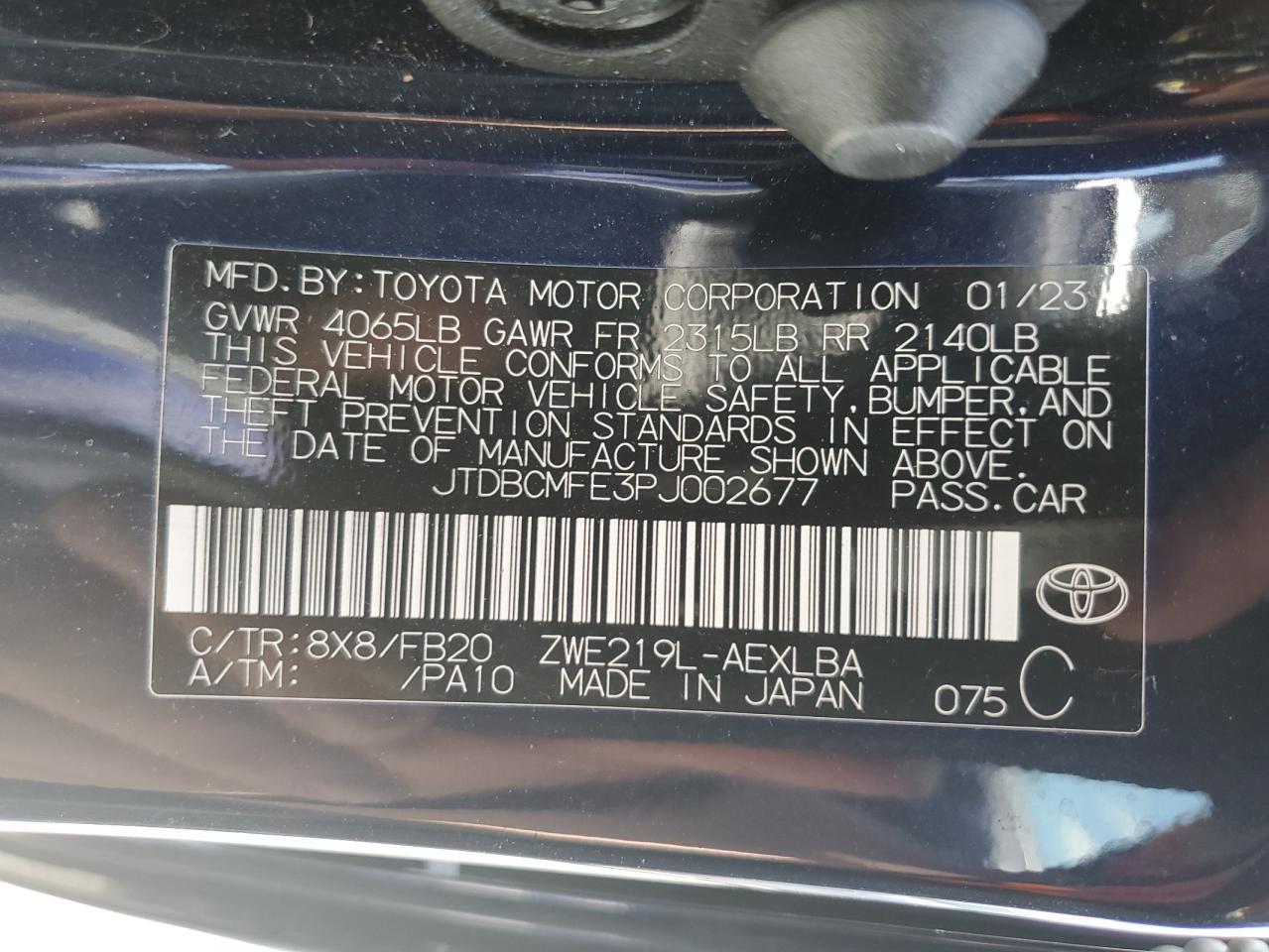 2023 TOYOTA COROLLA LE VIN:JTDBCMFE3PJ002677