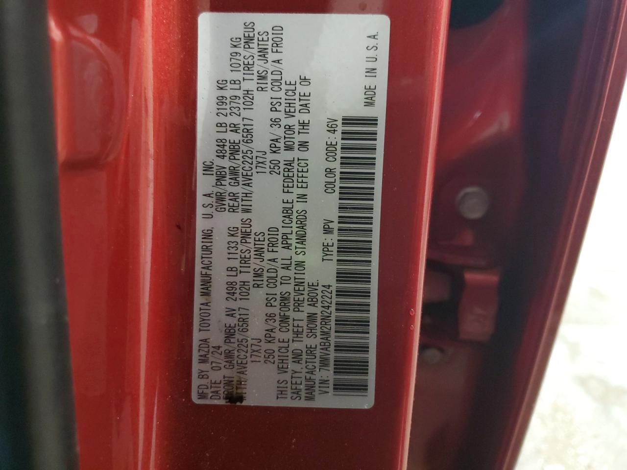 2024 MAZDA CX-50 SELECT VIN:7MMVABAM2RN242224