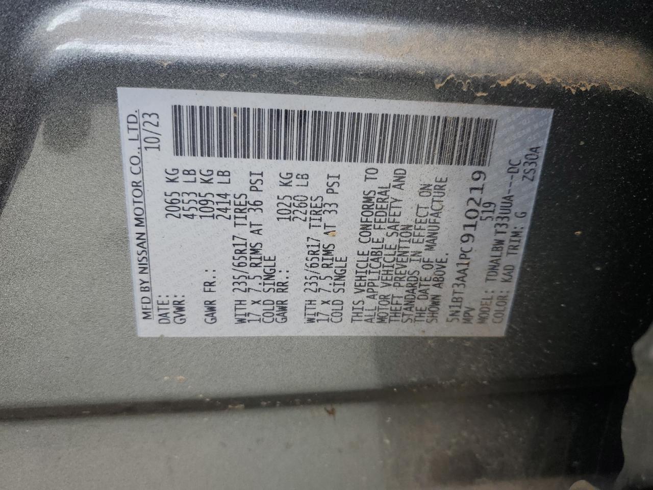 2023 NISSAN ROGUE S VIN:5N1BT3AA1PC910219