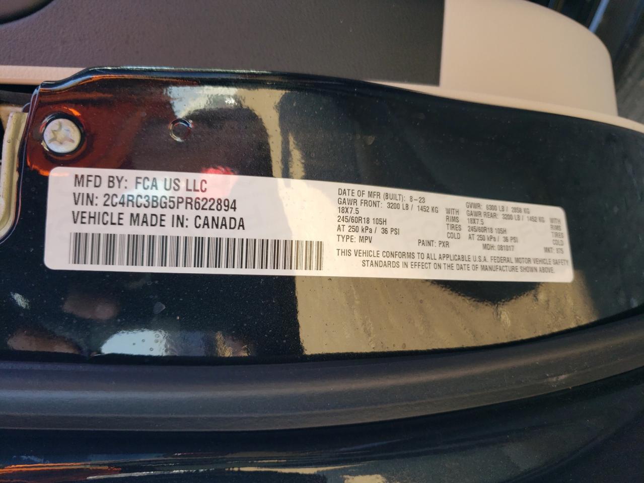 2023 CHRYSLER PACIFICA TOURING L VIN:2C4RC3BG5PR622894