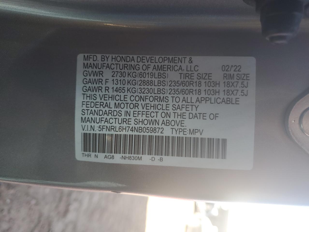 2022 HONDA ODYSSEY EXL VIN:5FNRL6H74NB059872