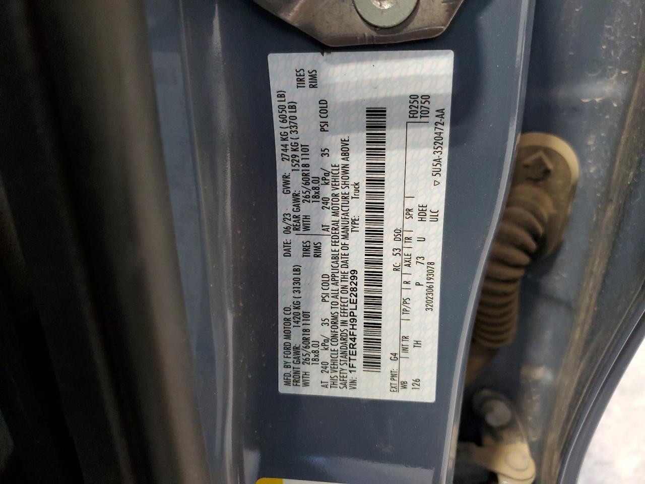 2023 FORD RANGER XL VIN:1FTER4FH9PLE28299