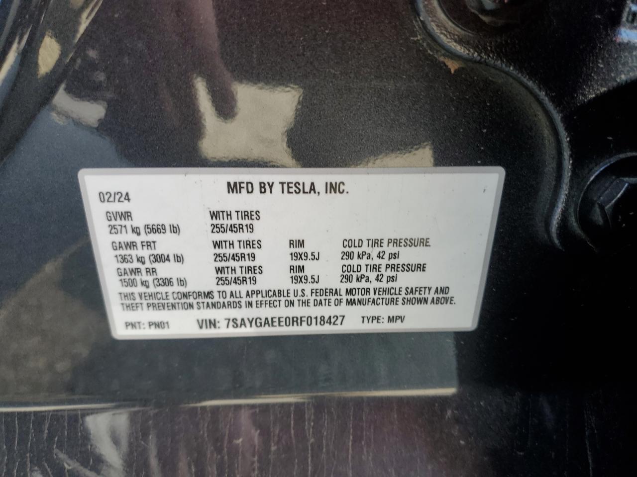 2024 TESLA MODEL Y  VIN:7SAYGAEE0RF018427