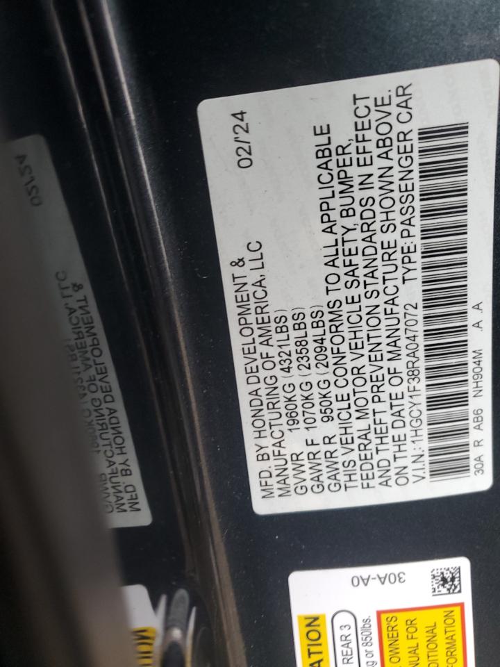 2024 HONDA ACCORD EX VIN:1HGCY1F38RA047072