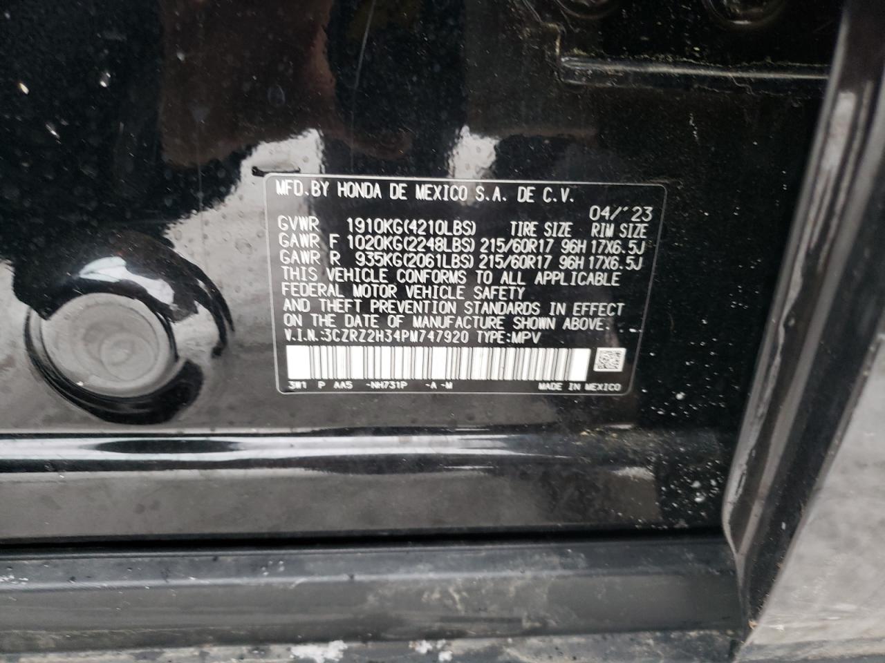 2023 HONDA HR-V LX VIN:3CZRZ2H34PM747920