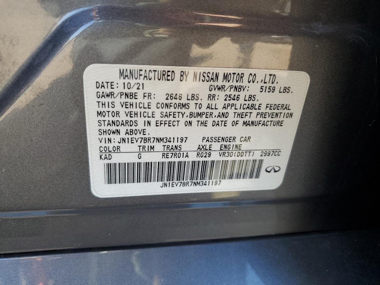 2022 INFINITI Q50 LUXE VIN:JN1EV7BR7NM341197