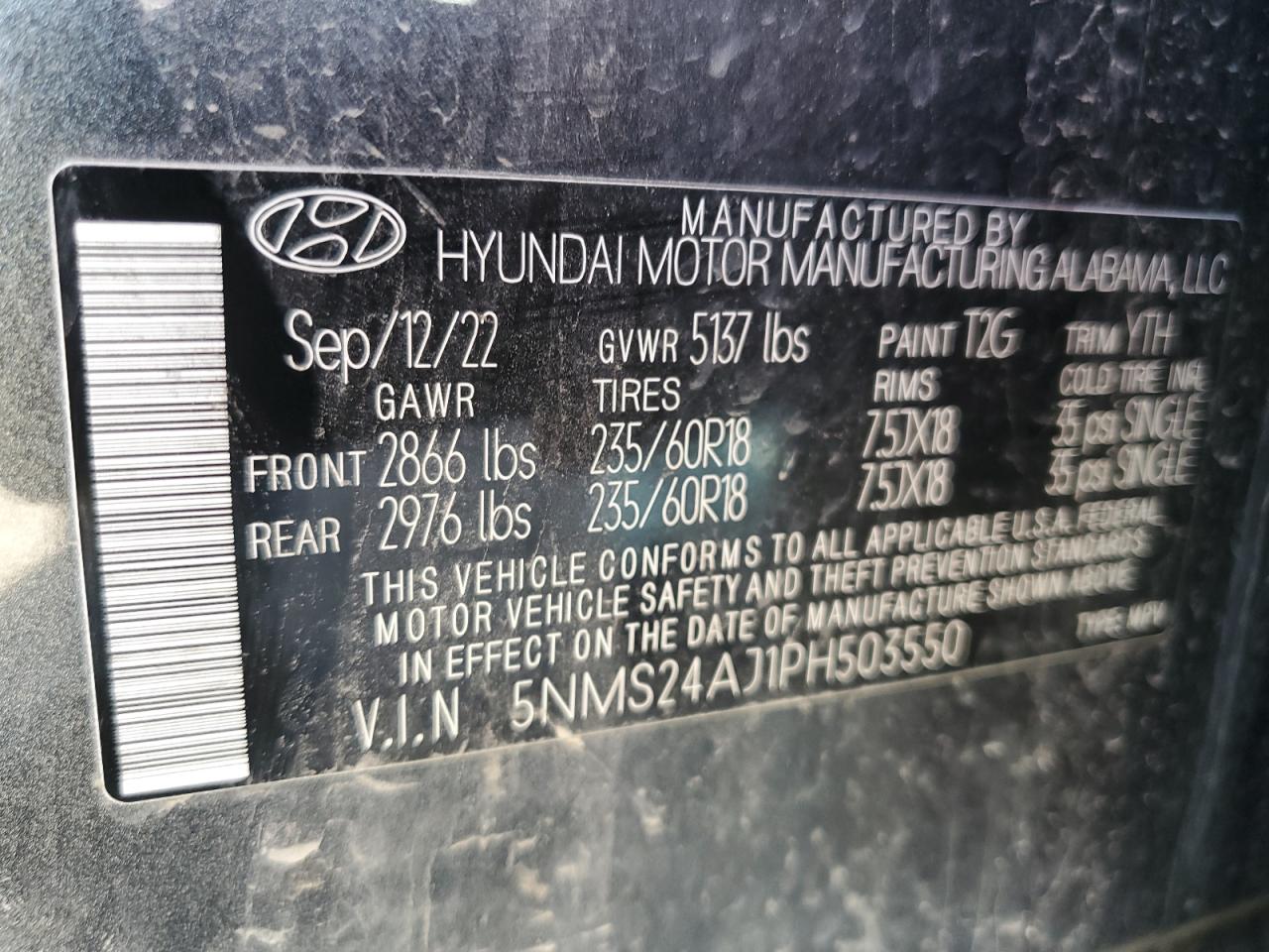 2023 HYUNDAI SANTA FE SEL VIN:5NMS24AJ1PH503550