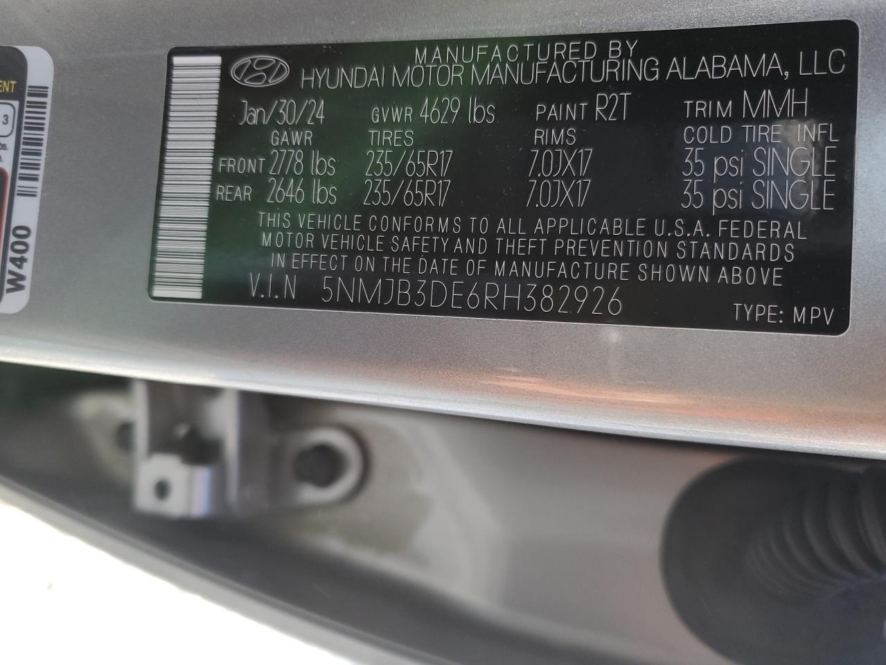 2024 HYUNDAI TUCSON SEL VIN:5NMJB3DE6RH382926