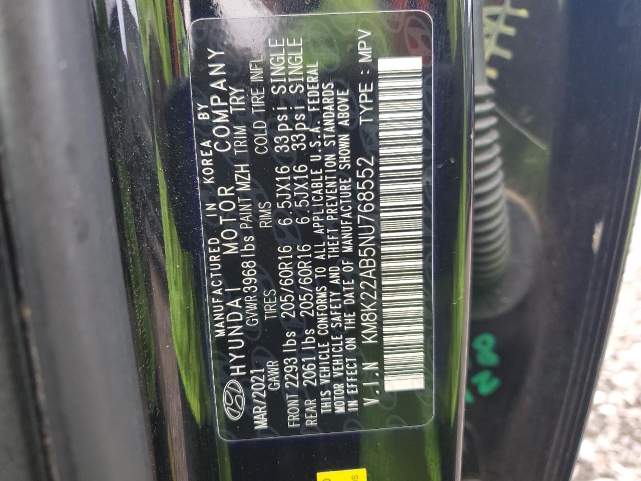 2022 HYUNDAI KONA SEL VIN:KM8K22AB5NU768552